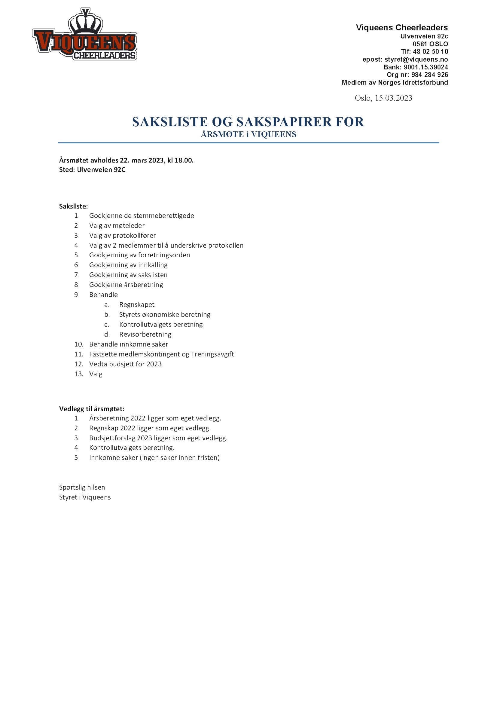 Sakspapirer til årsmøtet 22.mars 2023